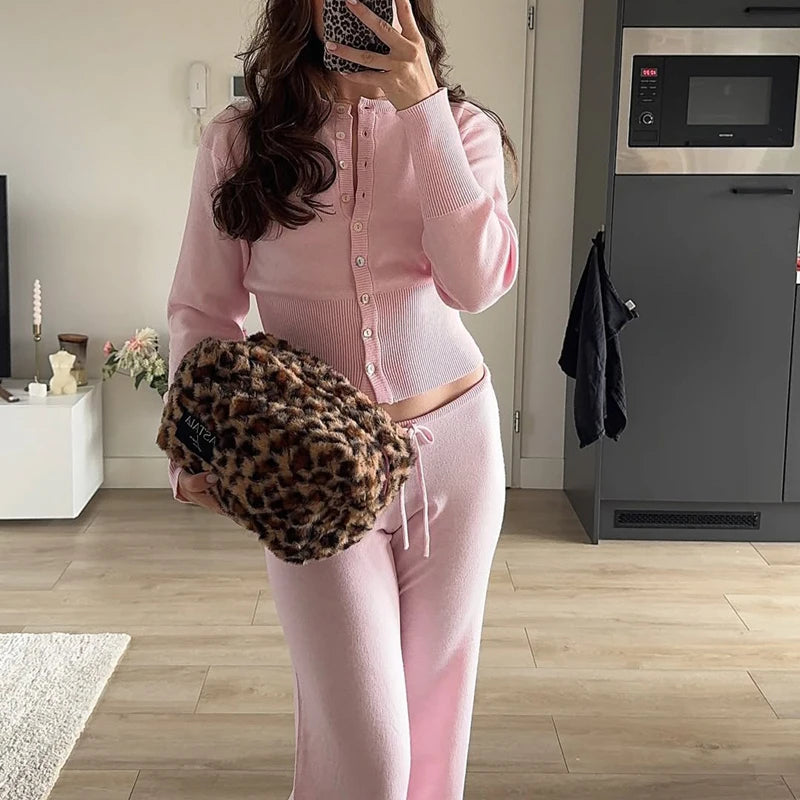 The Sienna Knit Lounge Set – Button-Up Crop Cardigan & Low-Waist Pants