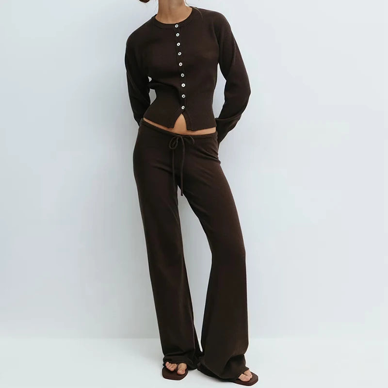The Sienna Knit Lounge Set – Button-Up Crop Cardigan & Low-Waist Pants