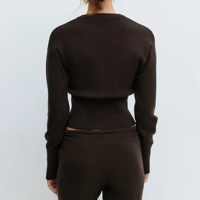 The Sienna Knit Lounge Set – Button-Up Crop Cardigan & Low-Waist Pants