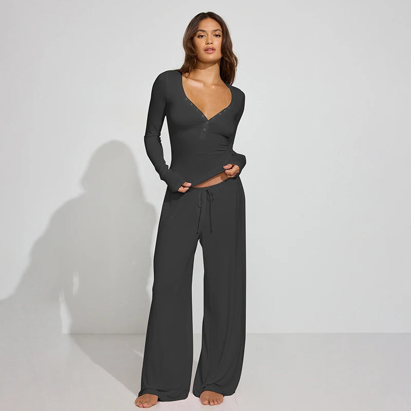The Mila Lounge Set – Button-Up Long Sleeve Top & Wide-Leg Drawstring Pants