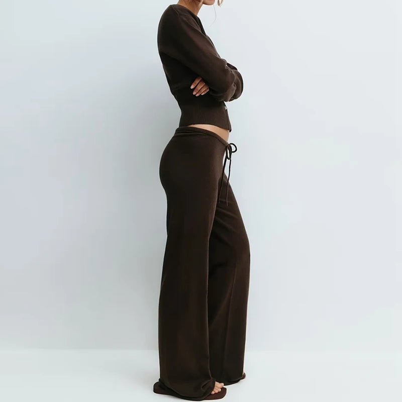 The Sienna Knit Lounge Set – Button-Up Crop Cardigan & Low-Waist Pants