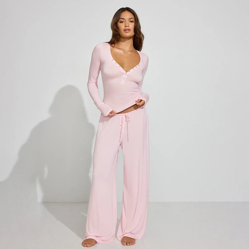 The Mila Lounge Set – Button-Up Long Sleeve Top & Wide-Leg Drawstring Pants