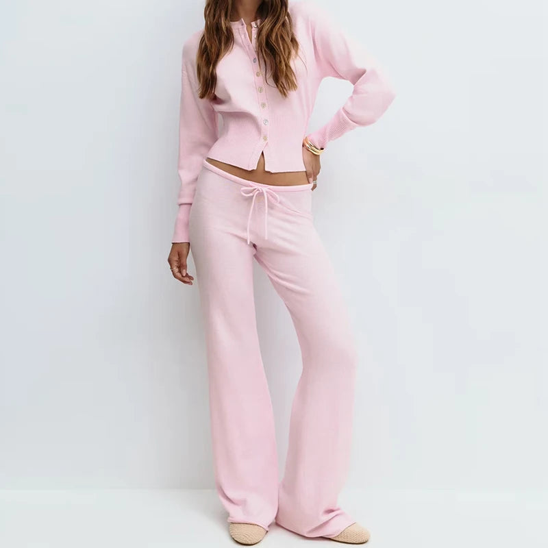 The Sienna Knit Lounge Set – Button-Up Crop Cardigan & Low-Waist Pants