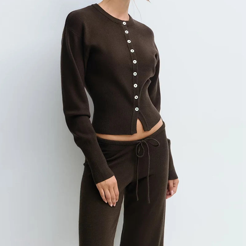 The Sienna Knit Lounge Set – Button-Up Crop Cardigan & Low-Waist Pants