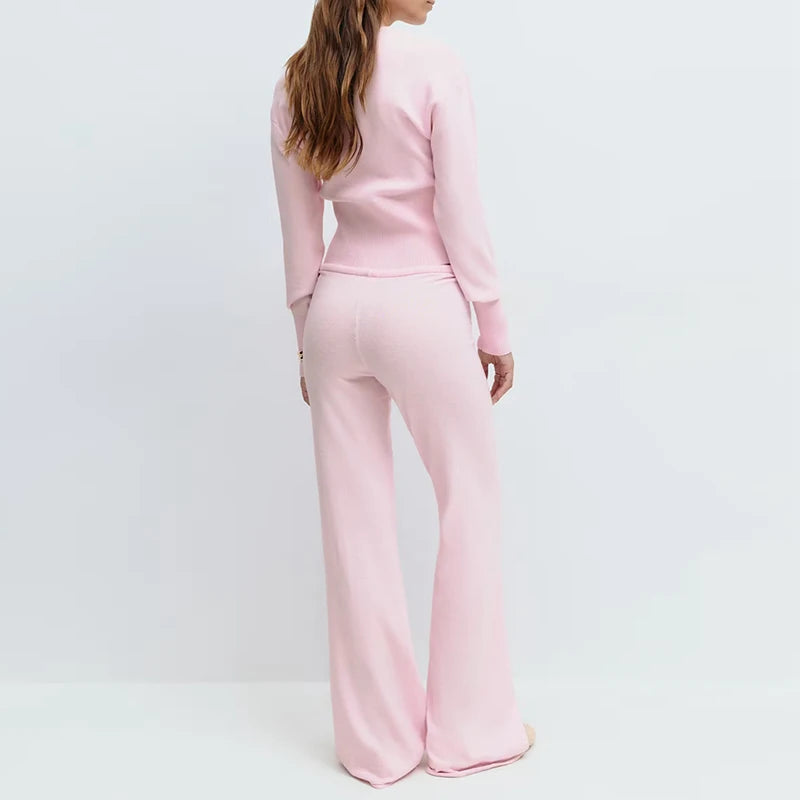 The Sienna Knit Lounge Set – Button-Up Crop Cardigan & Low-Waist Pants