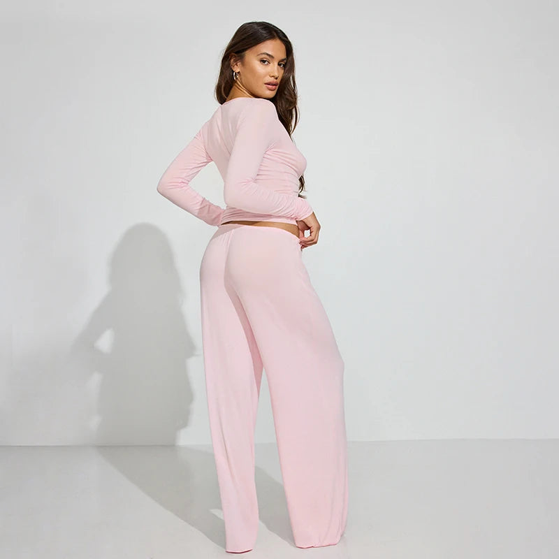 The Mila Lounge Set – Button-Up Long Sleeve Top & Wide-Leg Drawstring Pants