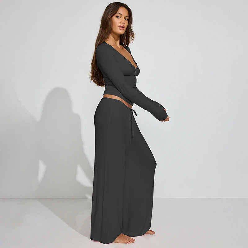 The Mila Lounge Set – Button-Up Long Sleeve Top & Wide-Leg Drawstring Pants