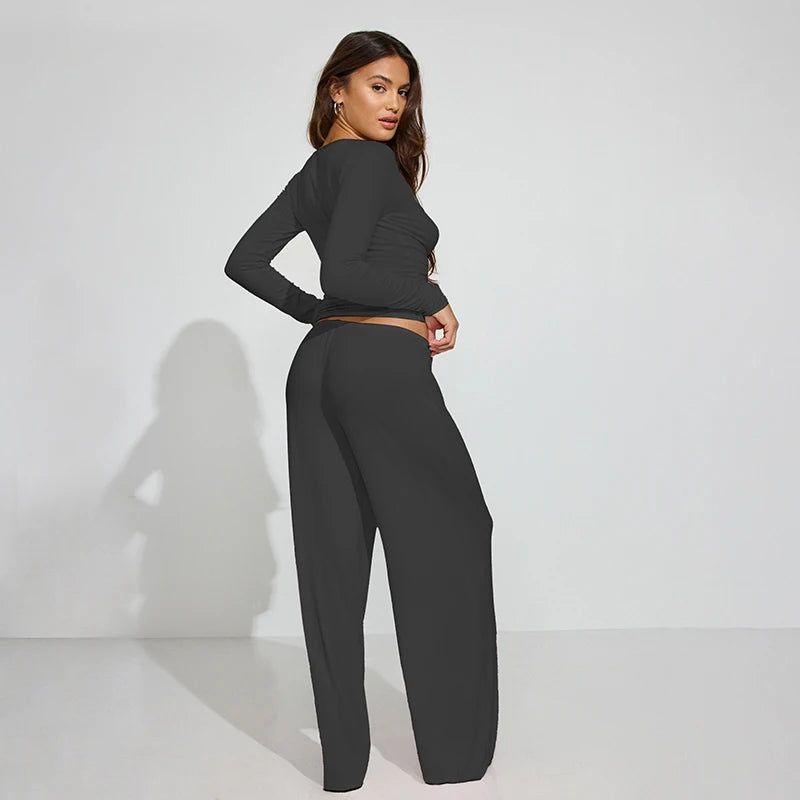 The Mila Lounge Set – Button-Up Long Sleeve Top & Wide-Leg Drawstring Pants