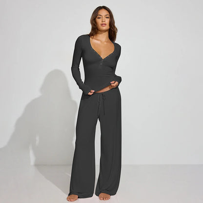 The Mila Lounge Set – Button-Up Long Sleeve Top & Wide-Leg Drawstring Pants
