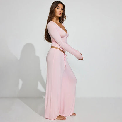 The Mila Lounge Set – Button-Up Long Sleeve Top & Wide-Leg Drawstring Pants