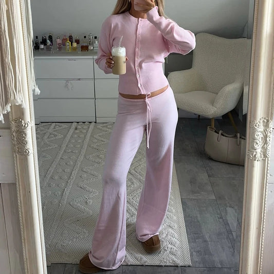 The Sienna Knit Lounge Set – Button-Up Crop Cardigan & Low-Waist Pants
