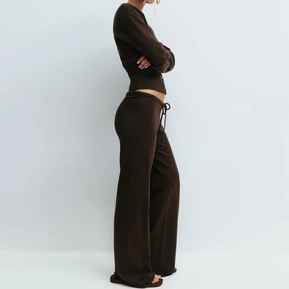 The Sienna Knit Lounge Set – Button-Up Crop Cardigan & Low-Waist Pants