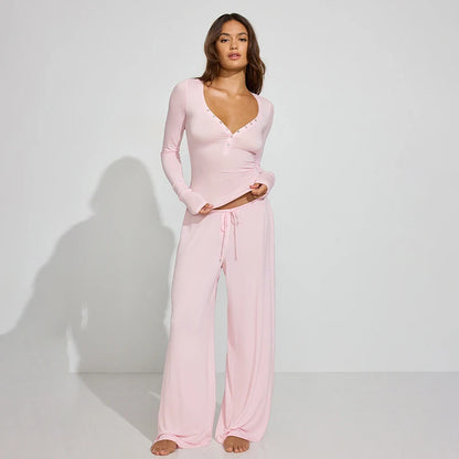 The Mila Lounge Set – Button-Up Long Sleeve Top & Wide-Leg Drawstring Pants