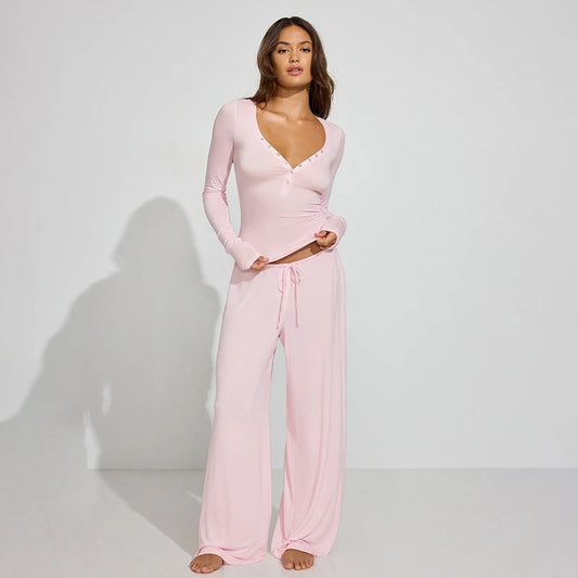 The Mila Lounge Set – Button-Up Long Sleeve Top & Wide-Leg Drawstring Pants