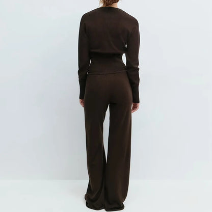 The Sienna Knit Lounge Set – Button-Up Crop Cardigan & Low-Waist Pants