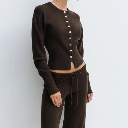 The Sienna Knit Lounge Set – Button-Up Crop Cardigan & Low-Waist Pants