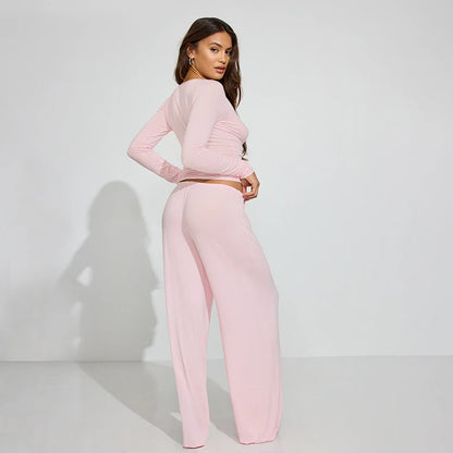 The Mila Lounge Set – Button-Up Long Sleeve Top & Wide-Leg Drawstring Pants
