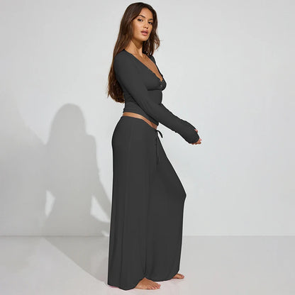 The Mila Lounge Set – Button-Up Long Sleeve Top & Wide-Leg Drawstring Pants