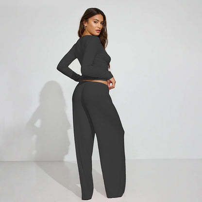 The Mila Lounge Set – Button-Up Long Sleeve Top & Wide-Leg Drawstring Pants